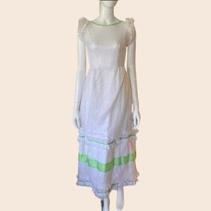 Vintage White Embroidered Polka Dot Cottagecore Prairie Midi Dress Size XS